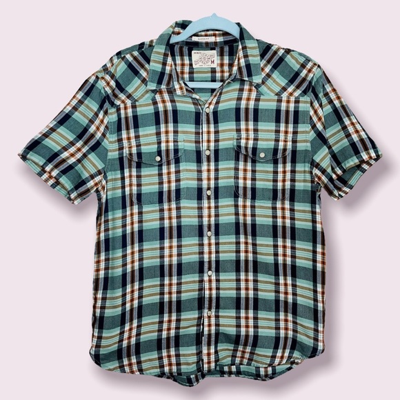 Lucky Brand Plaid Button Down Shirt Mens Size M Blue & Green Short Sleeve Casual - Picture 1 of 8